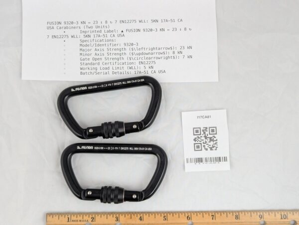 Pair of Fusion 9320-3 Screw-Lock Carabiners 23kN Black Climbing Industrial Gear
