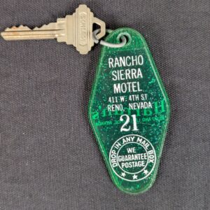 Vintage Rancho Sierra Motel Key and Green Plastic Keychain Tag Schlage Reno NV