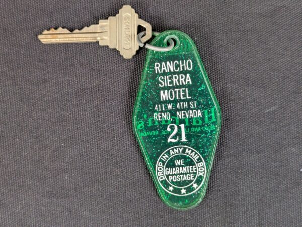Vintage Rancho Sierra Motel Key and Green Plastic Keychain Tag Schlage Reno NV