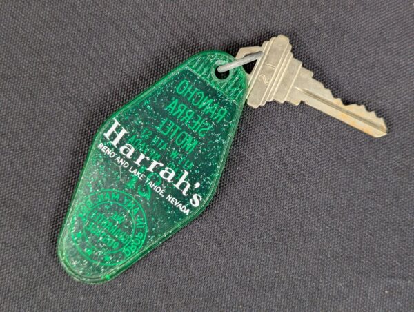Vintage Rancho Sierra Motel Key and Green Plastic Keychain Tag Schlage Reno NV