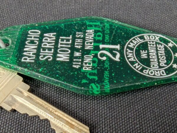 Vintage Rancho Sierra Motel Key and Green Plastic Keychain Tag Schlage Reno NV