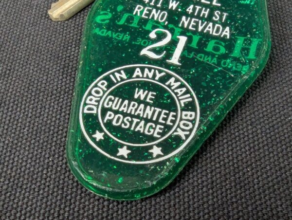 Vintage Rancho Sierra Motel Key and Green Plastic Keychain Tag Schlage Reno NV
