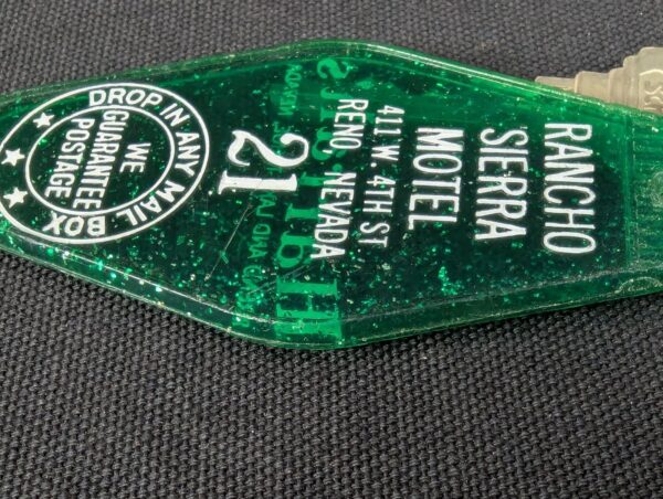 Vintage Rancho Sierra Motel Key and Green Plastic Keychain Tag Schlage Reno NV
