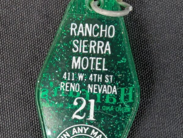 Vintage Rancho Sierra Motel Key and Green Plastic Keychain Tag Schlage Reno NV