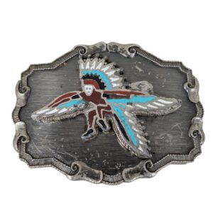 10-4905.jpg Vintage Southwest Belt Buckle Silver Tone Red Turquoise Man Bird Design Good