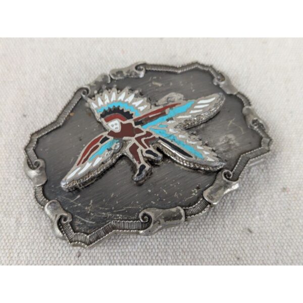 Vintage Southwest Belt Buckle Silver Tone Red Turquoise Man Bird Design Good