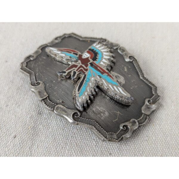 Vintage Southwest Belt Buckle Silver Tone Red Turquoise Man Bird Design Good