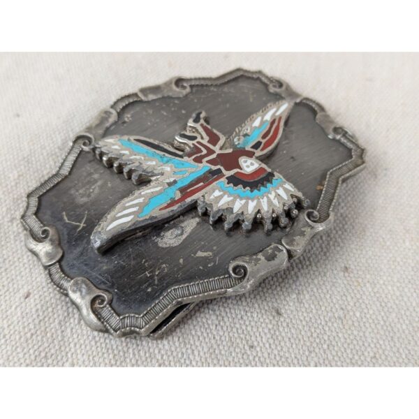Vintage Southwest Belt Buckle Silver Tone Red Turquoise Man Bird Design Good