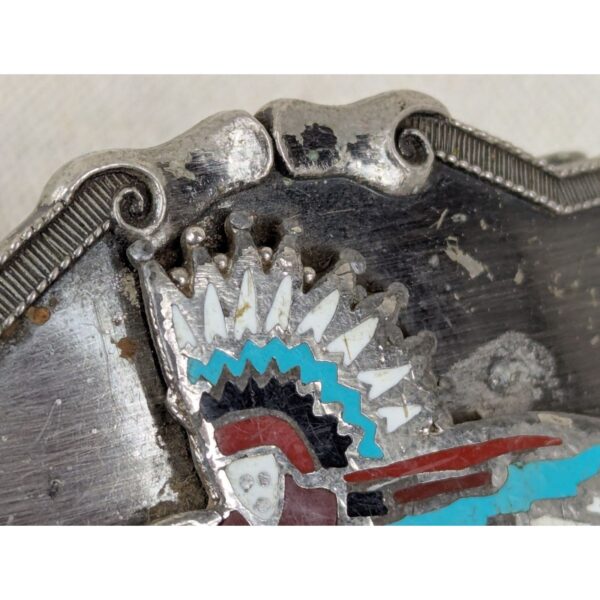 Vintage Southwest Belt Buckle Silver Tone Red Turquoise Man Bird Design Good