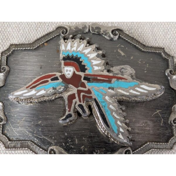 Vintage Southwest Belt Buckle Silver Tone Red Turquoise Man Bird Design Good