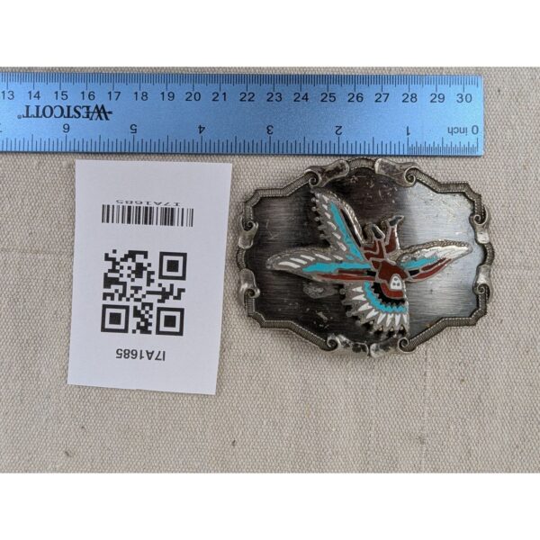 Vintage Southwest Belt Buckle Silver Tone Red Turquoise Man Bird Design Good