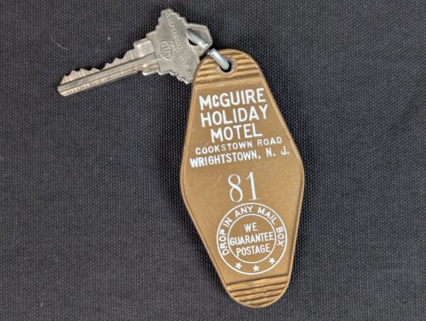 Vintage McGuire Holiday Motel Key and Keychain Wrightstown NJ Mid-Century Brown
