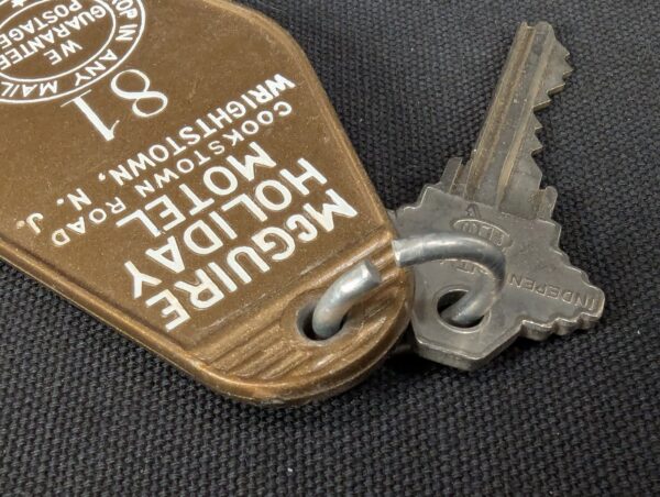 Vintage McGuire Holiday Motel Key and Keychain Wrightstown NJ Mid-Century Brown