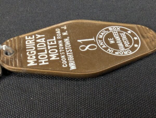 Vintage McGuire Holiday Motel Key and Keychain Wrightstown NJ Mid-Century Brown