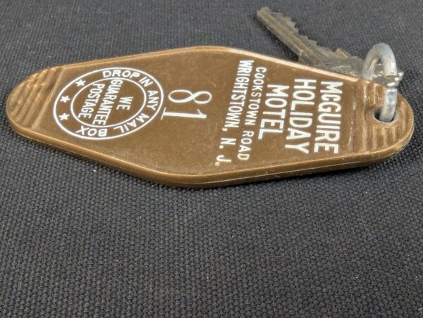 Vintage McGuire Holiday Motel Key and Keychain Wrightstown NJ Mid-Century Brown