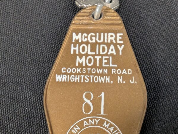 Vintage McGuire Holiday Motel Key and Keychain Wrightstown NJ Mid-Century Brown