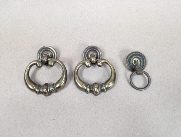 Vintage Brass Furniture Pulls Set 3pc Two Ornate Drop Pulls One Rosette Model...