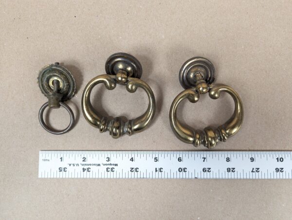Vintage Brass Furniture Pulls Set 3pc Two Ornate Drop Pulls One Rosette Model...