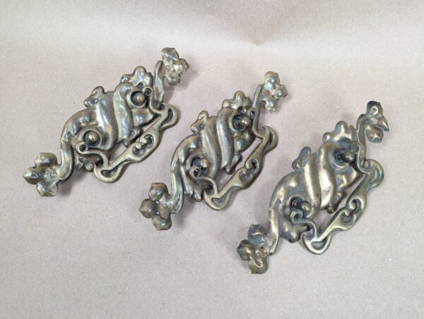Vintage Art Nouveau Style Brass Drawer Pulls Swinging Handles Set of Three Brass
