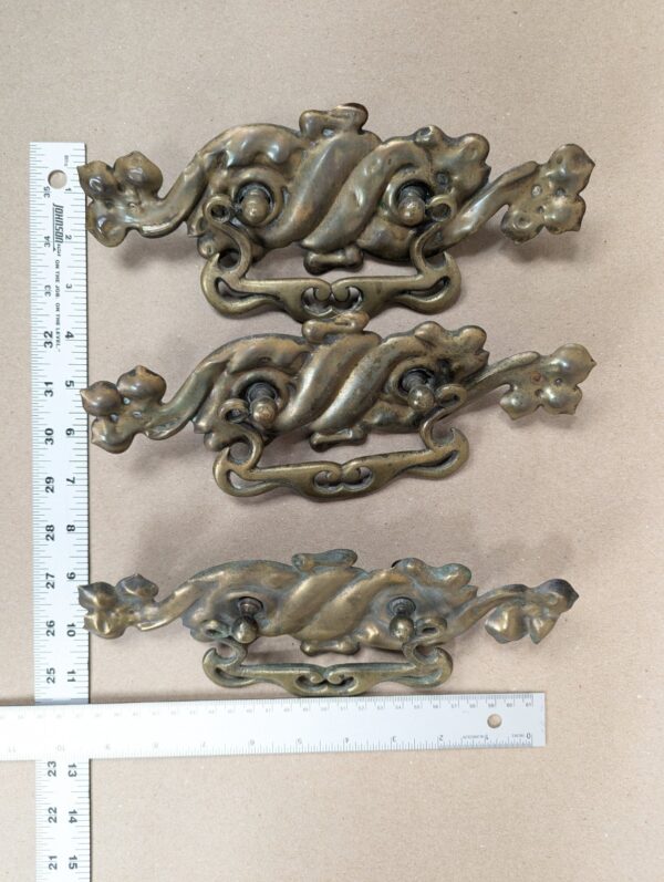 Vintage Art Nouveau Style Brass Drawer Pulls Swinging Handles Set of Three Brass