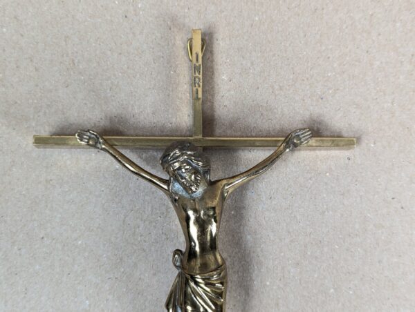 Mid-Century Modern Brass Wall Crucifix Minimalist Stylized Corpus Western Ger...