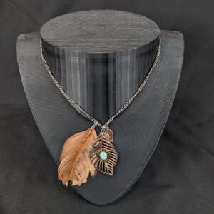 Boho Long Necklace Metal Filigree Feather Pendant Faux Turquoise Brown Accent...