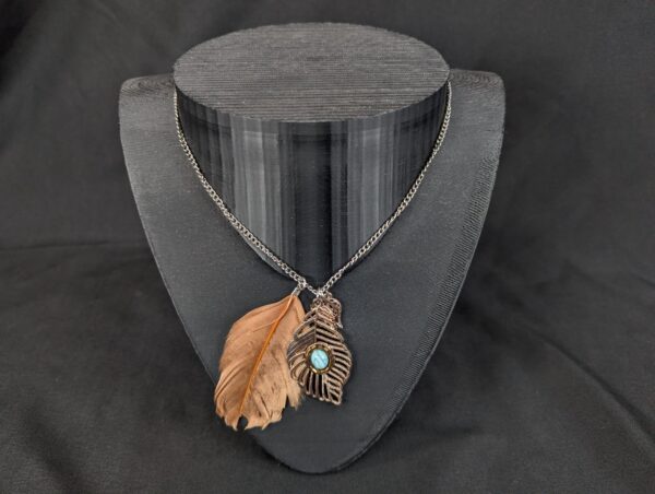 10-575.jpg Boho Long Necklace Metal Filigree Feather Pendant Faux Turquoise Brown Accent...