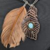 10-576.jpg Boho Long Necklace Metal Filigree Feather Pendant Faux Turquoise Brown Accent...