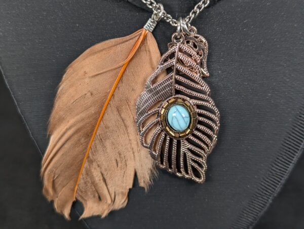 10-576.jpg Boho Long Necklace Metal Filigree Feather Pendant Faux Turquoise Brown Accent...