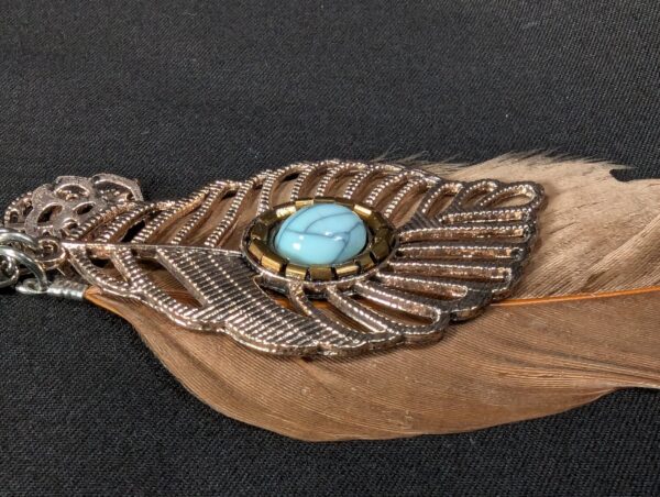 10-577.jpg Boho Long Necklace Metal Filigree Feather Pendant Faux Turquoise Brown Accent...