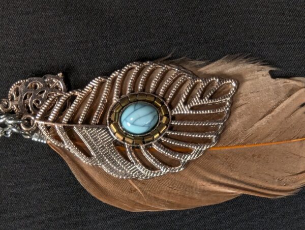 10-578.jpg Boho Long Necklace Metal Filigree Feather Pendant Faux Turquoise Brown Accent...