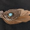 10-579.jpg Boho Long Necklace Metal Filigree Feather Pendant Faux Turquoise Brown Accent...