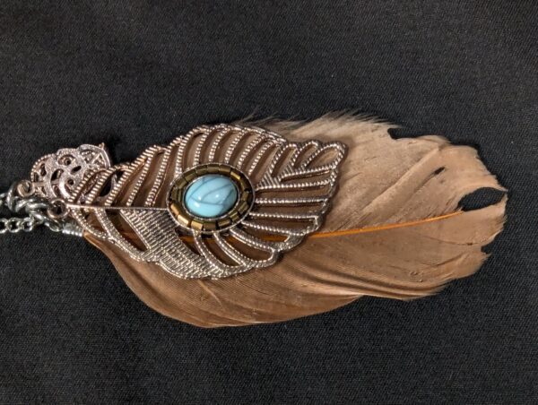 10-579.jpg Boho Long Necklace Metal Filigree Feather Pendant Faux Turquoise Brown Accent...