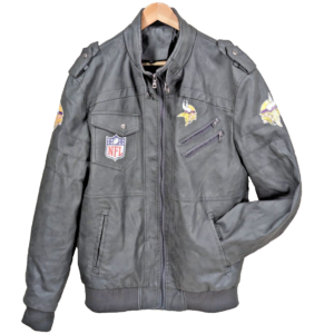 10-7.png Minnesota Vikings NFL Faux Leather Moto Jacket Size Large Team Logos Zip Pockets