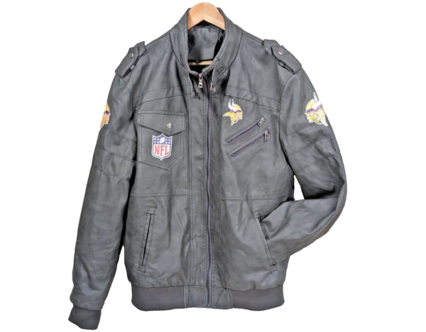 10-7.png Minnesota Vikings NFL Faux Leather Moto Jacket Size Large Team Logos Zip Pockets