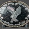 Vintage Oval Belt Buckle Silver-Tone Eagle Motif Black Enamel Rope Border 3.5in