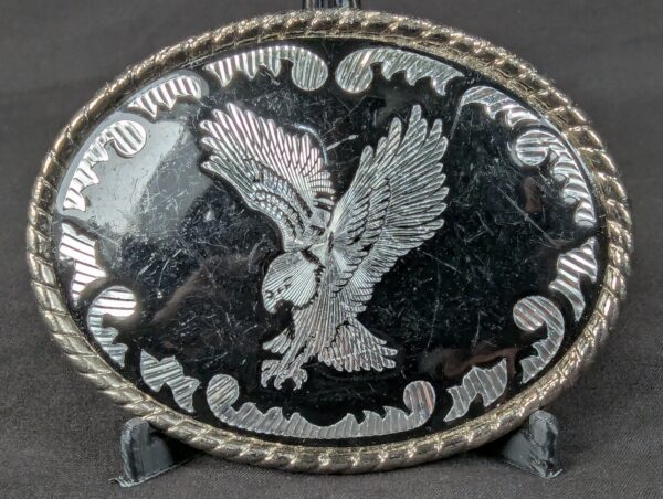 Vintage Oval Belt Buckle Silver-Tone Eagle Motif Black Enamel Rope Border 3.5in