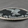 Vintage Oval Belt Buckle Silver-Tone Eagle Motif Black Enamel Rope Border 3.5in