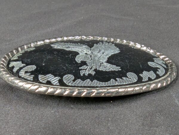Vintage Oval Belt Buckle Silver-Tone Eagle Motif Black Enamel Rope Border 3.5in