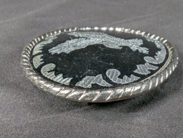 Vintage Oval Belt Buckle Silver-Tone Eagle Motif Black Enamel Rope Border 3.5in