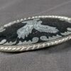 Vintage Oval Belt Buckle Silver-Tone Eagle Motif Black Enamel Rope Border 3.5in