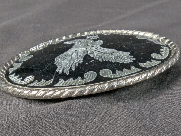 Vintage Oval Belt Buckle Silver-Tone Eagle Motif Black Enamel Rope Border 3.5in