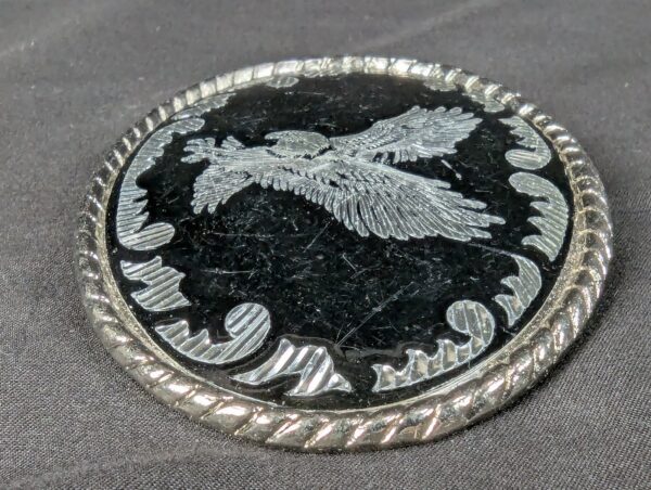 Vintage Oval Belt Buckle Silver-Tone Eagle Motif Black Enamel Rope Border 3.5in