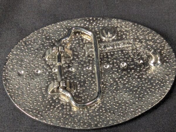 Vintage Oval Belt Buckle Silver-Tone Eagle Motif Black Enamel Rope Border 3.5in