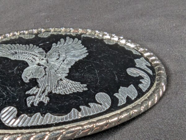 Vintage Oval Belt Buckle Silver-Tone Eagle Motif Black Enamel Rope Border 3.5in