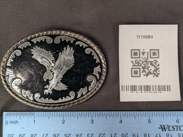 Vintage Oval Belt Buckle Silver-Tone Eagle Motif Black Enamel Rope Border 3.5in